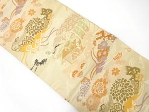 アンティーク　鶴に草花・書棚模様織り出し丸帯（材料）